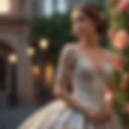 Elegant afternoon wedding dress with floral patterns
