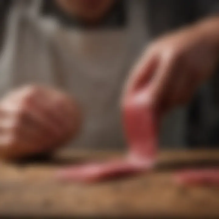 Master butcher skillfully slicing salami