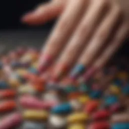A close-up of diverse artificial nails showcasing vibrant colors and unique designs.