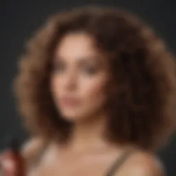 Luxurious curly hair showcased with vibrant product bottles
