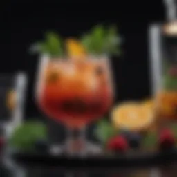 Vibrant cocktail garnished with fresh herbs and fruits