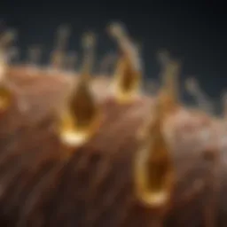 Close-up of jojoba oil droplets on hair strands