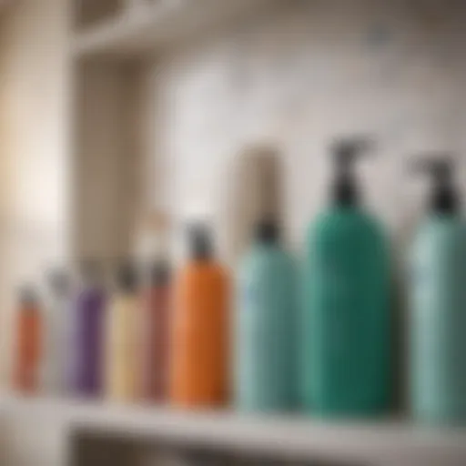 A variety of medical shampoos on a bathroom shelf