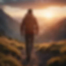 Man hiking up a mountain at sunset