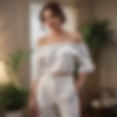 Off-Shoulder Trendiness Trendy off-shoulder blouse and trousers for casual bridal shower