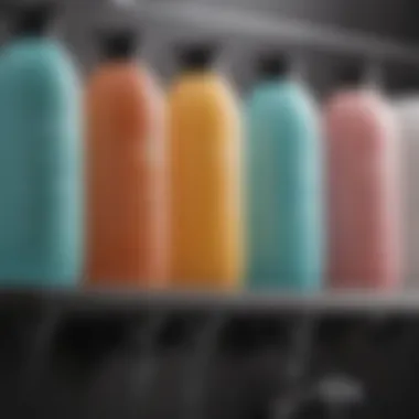 A close-up of shampoo bottles displaying various formulations for hard water treatment.