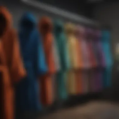 Variety of colorful terry hooded robes hanging on display