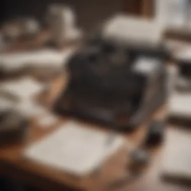 Creative illustration of a writer's desk with scattered papers and a vintage typewriter