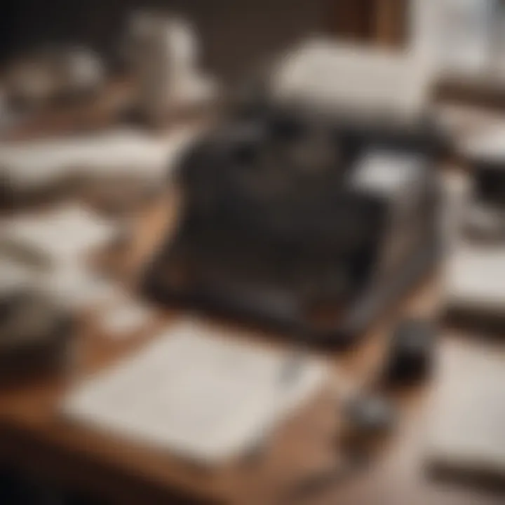 Creative illustration of a writer's desk with scattered papers and a vintage typewriter