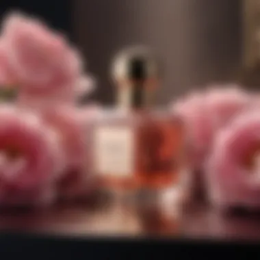 A collection of luxurious peony perfumes displayed on a vanity