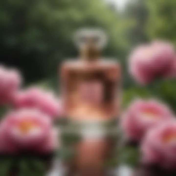 A serene setting with a bottle of peony perfume surrounded by nature