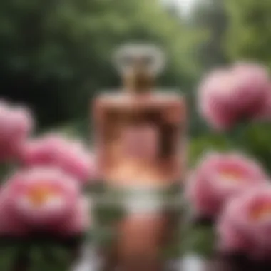 Nature's Elegance in Perfume A serene setting with a bottle of peony perfume surrounded by nature