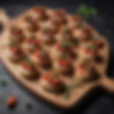 Artfully arranged mini bruschetta on a wooden board