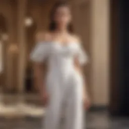 Elegant off-the-shoulder jumpsuit styled for a wedding