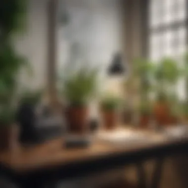 Desk with various small potted plants