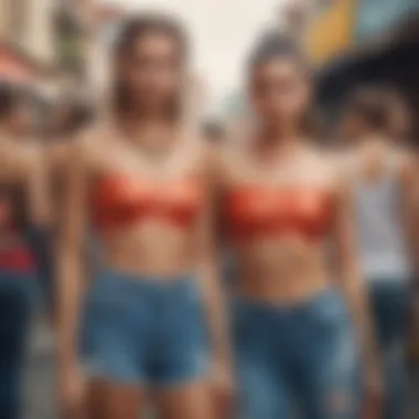 A dynamic group of individuals wearing crop tops at a cultural festival.