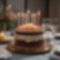 A beautifully set birthday table with elegant decorations and a cake
