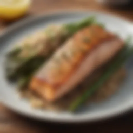 A plate of grilled salmon with asparagus and quinoa