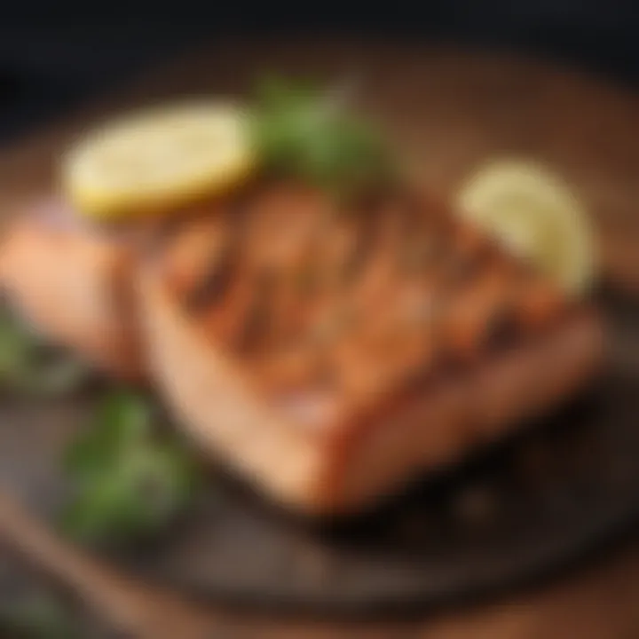 Artistically presented grilled salmon with lemon zest and herb garnish