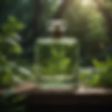 An elegant perfume bottle amidst greenery