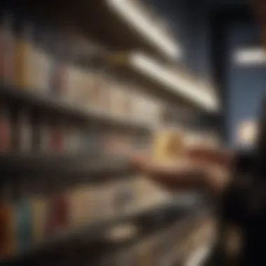 A hand selecting a perfume from a shelf