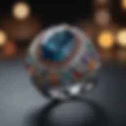 A close-up of an intricately designed ring showcasing sustainable gemstones
