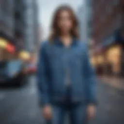 A stylish long lined denim jacket displayed against a vibrant urban backdrop