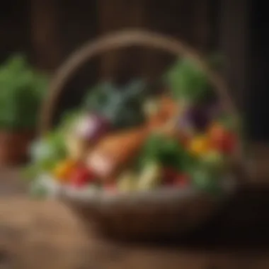 Fresh ingredients for low-carb meal neatly arranged in a rustic basket