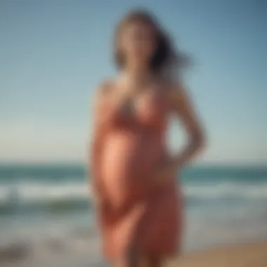 Stylish expectant mother enjoying the beach in a swim dress