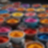 A close-up of vibrant natural hair dyes in bowls.