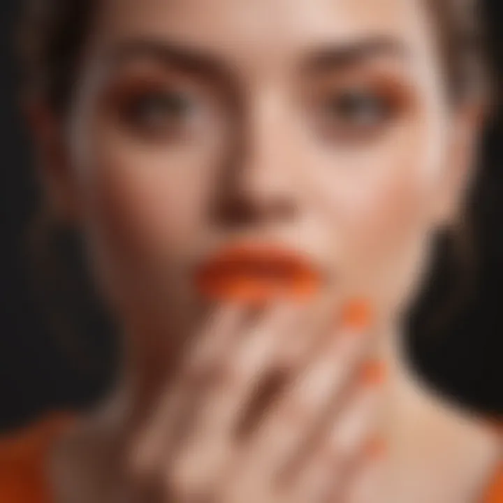 A fashion-forward individual showcasing their orange manicured nails in a stylish setting.