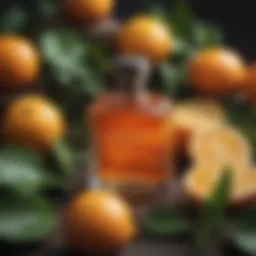 A vibrant summer fragrance bottle surrounded by citrus fruits