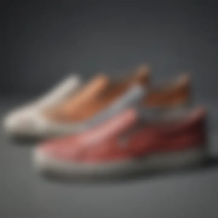 Close-up view of slip-on trainers made from different materials like canvas and leather.