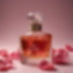 Elegant bottle of rose oil perfume surrounded by rose petals
