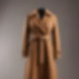 Elegant belted camel coat draped on a chic mannequin