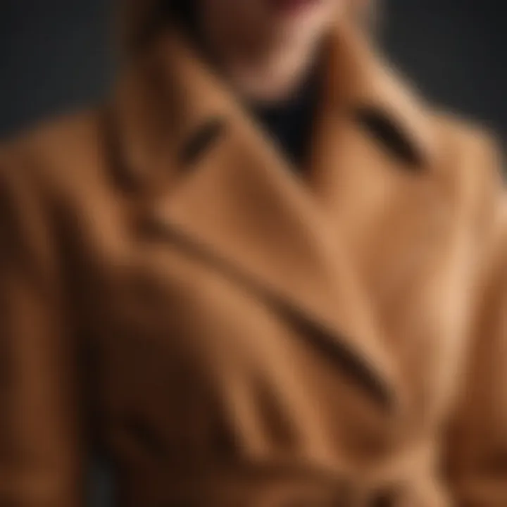 Close-up of the fabric texture of a belted camel coat