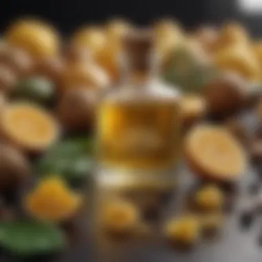 Natural Ingredients for Edible Body Oils An artistic arrangement of natural ingredients used to make edible body oils, emphasizing their origin.