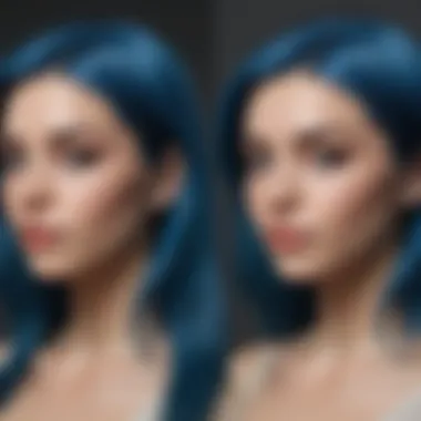 Before and after comparison of hair dyed blue