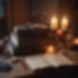 A selection of Wicca books displayed on a wooden table with candles and crystals.