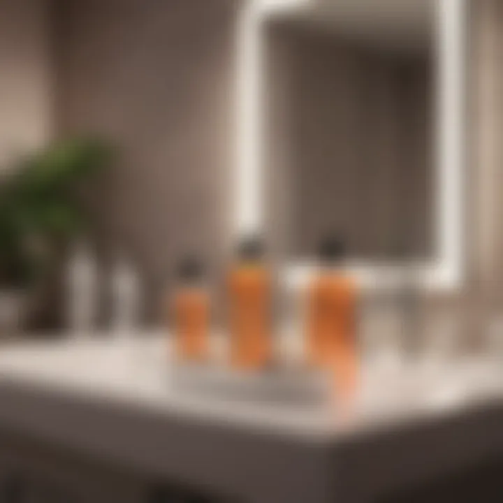 A serene bathroom setting adorned with hair care products for thicker hair.