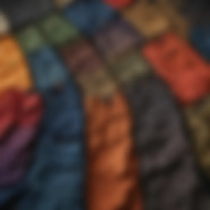 A vibrant display of various cargo pant colors laid out on a textured surface.