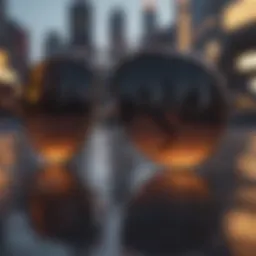 Reflection of urban skyline in lens