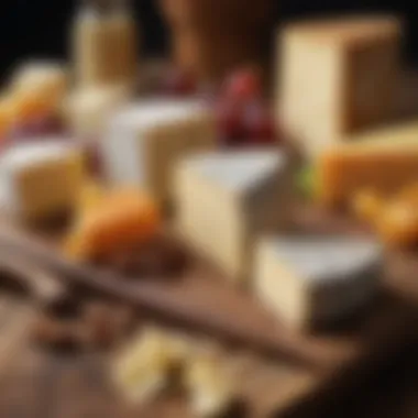 Variety of artisanal cheeses on a wooden cheese board