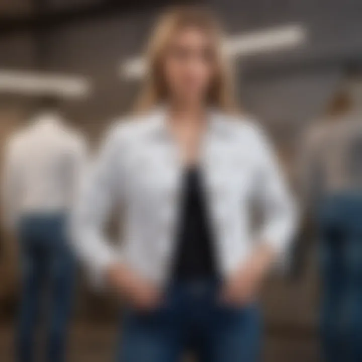 Casual look featuring a white stretch denim jacket and jeans