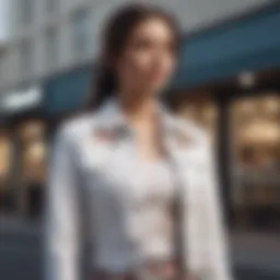 Chic white stretch denim jacket styled with a floral dress