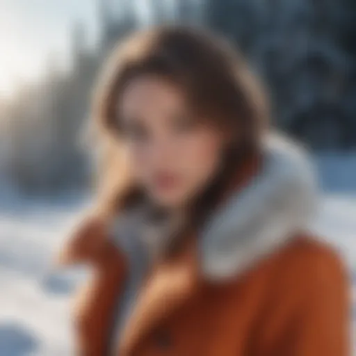 A woman showcasing a stylish winter coat in a snowy landscape