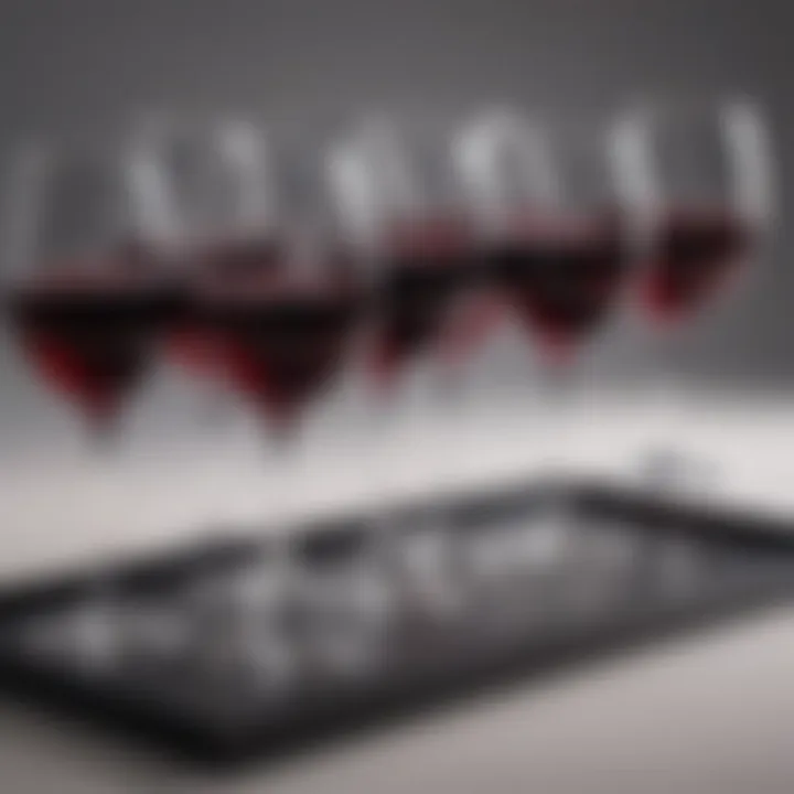 Artistic arrangement of non-alcoholic red wine glasses on a sophisticated tray