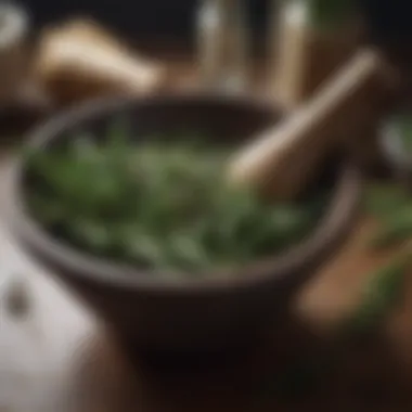 Culinary Delights with Rosemary Fresh rosemary leaves in a mortar and pestle