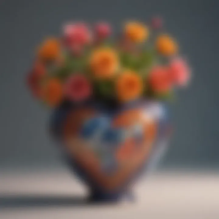 Artistic heart-shaped ceramic vase with colorful flowers