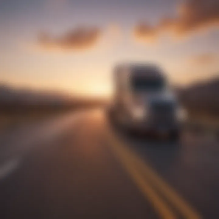 A truck navigating a scenic highway at sunset